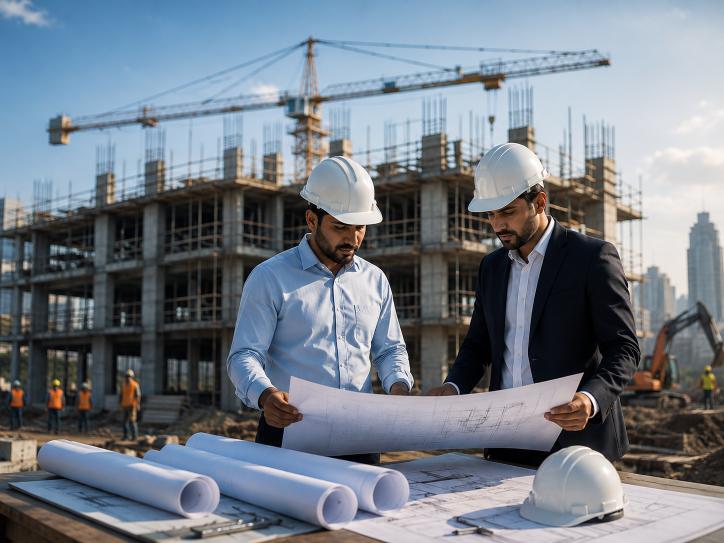 Engineers reviewing architectural drawings at an active construction site